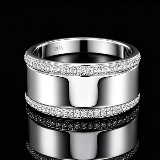 Luxury Wide Band S925 Silver VVS Round Brilliant Cut Double Side PaveSetting Smooth Center GRA Certified Minimal Moissanite Ring