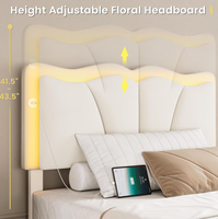 Cadre de lit double moderne avec tête de lit capitonnée beige, rangement hydraulique et éclairage LED, taille Queen