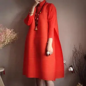 Women's A-Line Midi Dress - Plus Size Miyake Pleated Autumn Fashion Dress