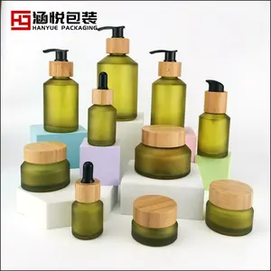 Olive Green Glass Bottle 30 Ml 60 Ml 100 Ml 200 Ml Cosmetic Bottle And 30 Gm 50 Gm 100 Gm Glass Jar With Lid