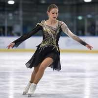 Robe de patinage artistique noire pour enfants et adultes, maille nude, manches longues, strass or et argent, pour spectacle de patinage sur glace