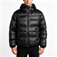 Blouson matelassé noir brillant pour homme avec capuche, rayures rouges sur la poitrine, fermeture éclair, poignets côtelés, long, imperméable, personnalisé, idéal pour l'été