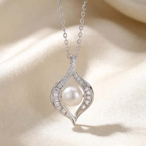 <b>Copper</b> Flame <b>Lantern</b> Baguette Round CZ Freshwater Pearl Pendant Necklace Exotic Curved Jewelry Gift for Women - Product Image 4