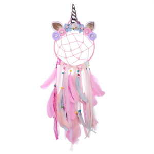 Attrape-rêves licorne en plumes roses, décoration murale pour chambre d'enfant, 20x70cm, style bohème, design circulaire fait à la main - Product Image 1