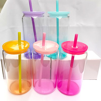 Gobelet en verre transparent réutilisable de 16 oz, couleurs mélangées dégradées, avec couvercle et pailles colorées, pour sublimation et films UV DTF, design moderne, pour la rentrée scolaire