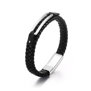 Men's Woven <b>Leather</b> <b>Bracelet</b> Titanium Steel Geometric Design Black 21.5 Cm Length Simple Motorcycle Style CE571 - Product Image 1
