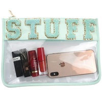 Sun Clover NOUVEAU Sac à cosmétiques personnalisé Sac à ongles en PVC transparent avec lettres Patch Zipper et étui à maquillage en nylon