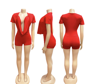 PEEQI TW829 Nuova Collezione Primavera, <span class=keywords><strong>Tuta</strong></span> Intera Aderente con Scollo Profondo a V e Arricciature, Maniche Corte, Sexy <span class=keywords><strong>Tuta</strong></span> Intera Monocolore - Product Image 6