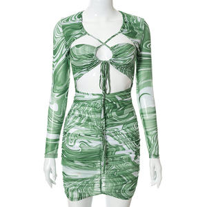 Vestido plisado con cordones de corte cruzado de manga larga estampado nuevo Ins - Product Image 6