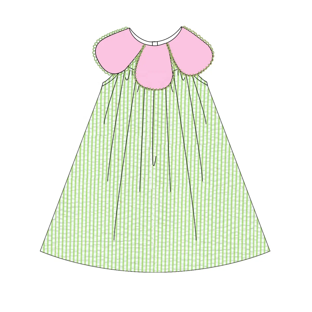 Fancy Design Baby Girls Spring Flower Clothes Children Girl Boutique Smocked Pink Green Seersucker Dress