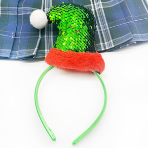 Bandeau de Noël unisexe en fausse fourrure rouge avec bande verte et chapeau de Père Noël à paillettes - Product Image 3