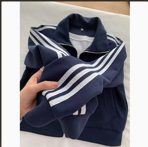 <b>Women's</b> <b>Navy</b> Blue Stand Collar Zip up Long Sleeve Striped Polyester Track <b>Jacket</b> Sporty Coat - Product Image 3