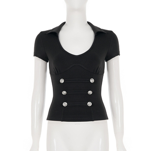 Camiseta Vintage Sexy con Cuello en V, Botones Metálicos, Corte Ajustado, Color Sólido, Manga Corta para Mujer - Product Image 6