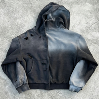 Sweat à capuche zippé sur mesure en coton épais 100 % écologique, coupe ample, effet vieilli, délavé à l'acide, tricot gaufré double couche réversible