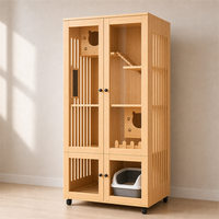 Villa pour chat en bois d'intérieur avec bac à litière, meuble pour chat à plusieurs niveaux, meuble pour chat sur roulettes