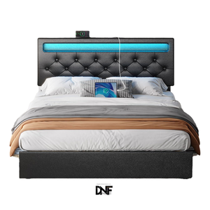 Cadre <span class=keywords><strong>de</strong></span> <span class=keywords><strong>lit</strong></span> simple avec station <span class=keywords><strong>de</strong></span> charge et éclairage LED, tête <span class=keywords><strong>de</strong></span> <span class=keywords><strong>lit</strong></span> réglable et 4 tiroirs <span class=keywords><strong>de</strong></span> rangement, <span class=keywords><strong>lit</strong></span> rembourré - Product Image 1