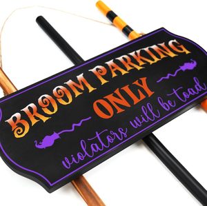 Décor d'Halloween-Panneau de stationnement de balai avec 3 balais de sorcière en bois Décoration murale pour intérieur extérieur - Product Image 3