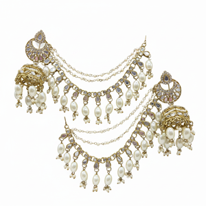Bridal Ethnic Chandelier <b>Drop</b> <b>Earrings</b> Claw Setting Pearl Chain Matching Maang Tikka Alloy Gold Plated Vintage Traditional - Product Image 2