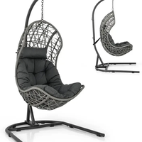 Extérieur Intérieur 350 LBS Capacité Gris Acier Cadre PE Rotin Suspendu Oeuf Balançoire Chaise avec Support Oreiller Coussin pour Salon