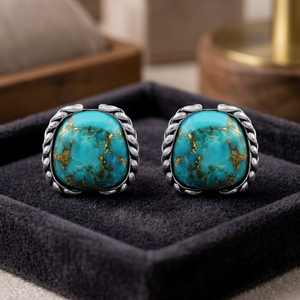 Gourik 925 Sterling Silver Blue Copper Turquoise <b>Stud</b> <b>Earrings</b> Fancy Shape Gemstone Oxidized Jewelry Gifts for Women - Product Image 3