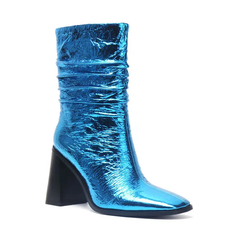 2020 Sexy Blue Plication Square Toe Woman Chunky High Heel Boots Shoes Women Boots Zip Winter Boots For Ladies