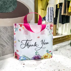 Thank You Bags for Business Floral Plastic Shopping Bags With Soft Loop Handle Thank You Shopping Bags