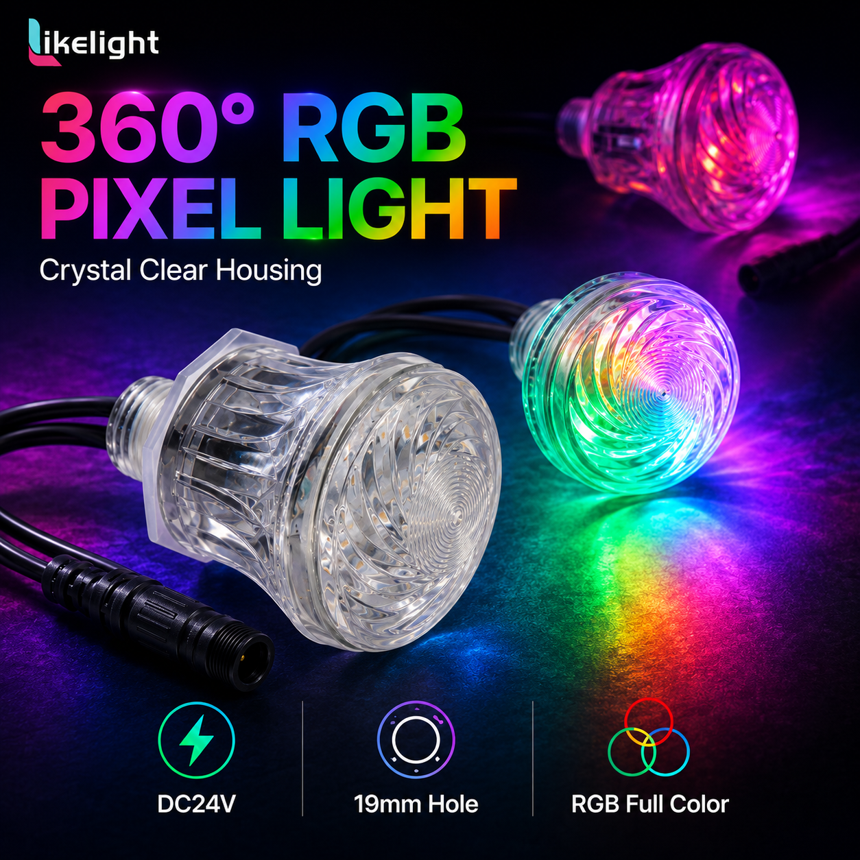 60mm 360 Degree RGBW Cabochon Pixel Light DC24V UCS2904 DMX512 Crystal Clear Amusement Light for Theme Park Ride Lighting