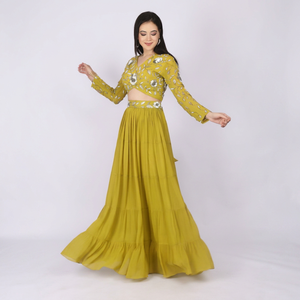 Elegant Mustard Yellow Embroidered <b>Crop</b> <b>Top</b> With Long Sleeve Maxi Skirt Set V-Neck A-Line Chiffon Dress Party Wear - Product Image 1