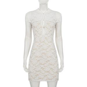 Vestido Cheongsam Moderno para Mujer, con Encaje, Corte Entallado, Color Sólido, Manga Corta, Mini Vestido - Product Image 6