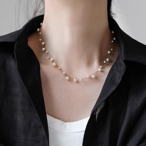 Gargantilla de perlas de cadena de doble capa de acero inoxidable chapado en oro de 18K para mujer, collar de cuentas de perlas delicadas para niñas, <span class=keywords><strong>mamá</strong></span> hawaiana - Product Image 2