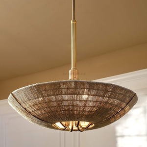 Natural Jute Chandelier Round Six Head Gold Living Room Bedroom Pendant Light Energy Saving <b>Lamp</b> Handmade Bamboo Woven - Product Image 1