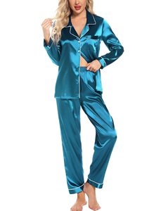 Conjunto de Pijama de Seda de Manga Longa Feminina Soft Button Down Thermal PJ para Dia dos Namorados e Natal - Product Image 2