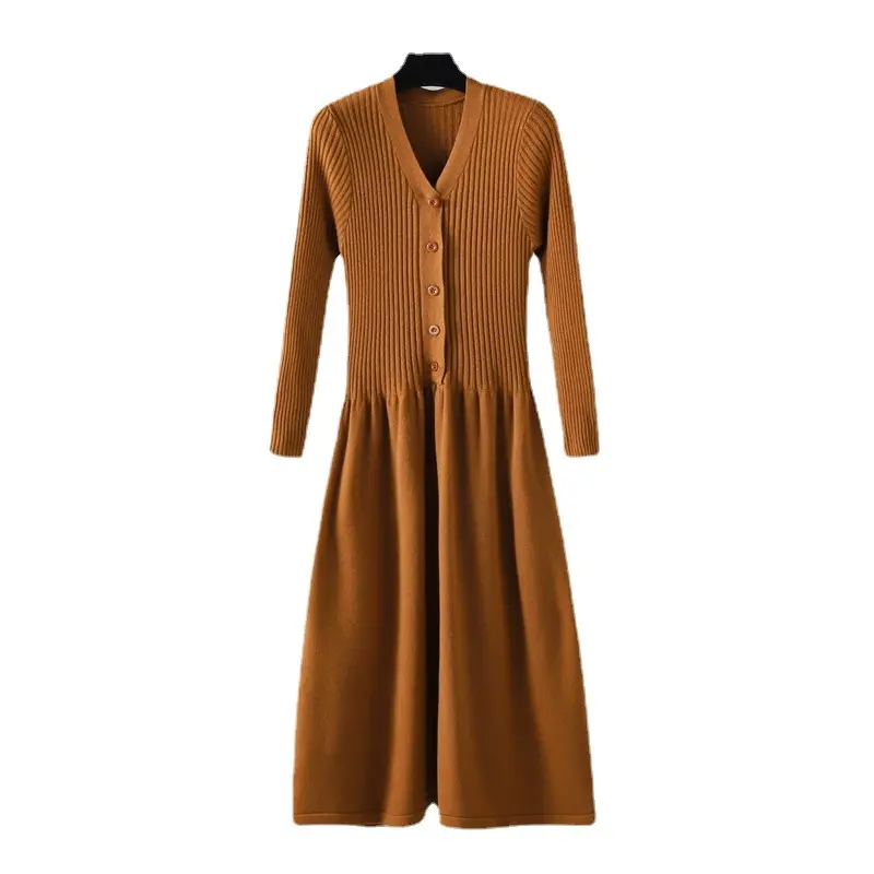 Herbst und Winter neue V-Ausschnitt mittellang über dem Knie abnehmen Temperament mit Mantel Pullover Pullover Kleid Frauen