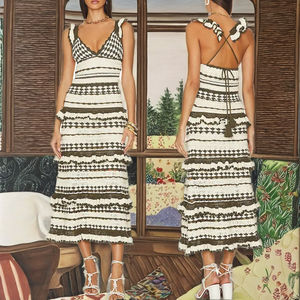 <span class=keywords><strong>Robe</strong></span> <span class=keywords><strong>mi</strong></span>-<span class=keywords><strong>longue</strong></span> de haute qualité pour femmes Style moulant de couleur unie avec tricot à volants décontracté Maxi longueur tissé pour l'été - Product Image 2