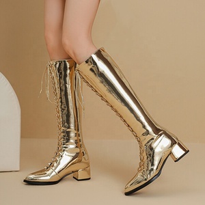 Big Size 46 Women Western Winter Knee-High <b>Boots</b> Lace-Up Low Chunky Heels Gold/Silver Patent Leather Zipper Closure Wide Fit - Product Image 2