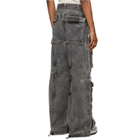 Özel % 100% pamuklu denim sprey boya bungee tarzı geçiş drawstrıngs elastik çoklu kargo cepler baggy kot