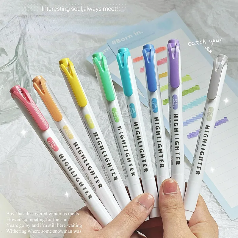 New Cute Macaron Double Head Office School Highlighters Set Student Block Marker Pens Stationery Supplies Customize 5pcs/set