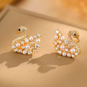 Super Sparkling Full Diamond Swan <b>Stud</b> <b>Earrings</b> for Women Luxury High-End Silver Needles Versatile Atmospheric <b>Fashionable</b> - Product Image 5