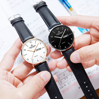Montre Classique à Quartz pour Couples, Boîtier en Acier Inoxydable, Bracelet en Cuir, Étanche 30M, Chronographe, Lumineuse, Unisexe