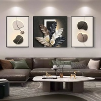 Lukisan Dekoratif Ruang Tamu Geometris Netral Modern, Seni Dinding Bunga Triptych 3D Mewah, Lukisan Porselen Kristal