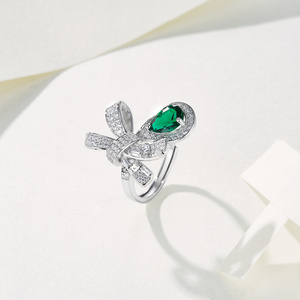 Luxury White <b>Gold</b> <b>Cocktail</b> <b>Ring</b> With Emerald Cut Green Gem And Baguette Diamonds Pave Setting Bowknot Design For Women H - Product Image 4