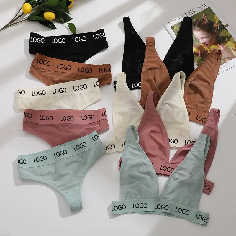 2021 Unlined Sexy Lace Panties and Bra Set Custom Logo Mesh Wireless Women Bra Brief Sets