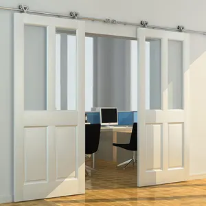 Puerta deslizante de madera maciza para interior de la habitación, marco de madera blanco de cristal, puertas de Granero deslizantes dobles, HS-BD002