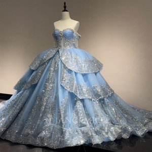Vestido de Novia de Lujo Moderno Xs280 con Apliques de Cuentas y Brillo Azul, Estilo Princesa, Personalizado, con Escote Corazón - Product Image 3