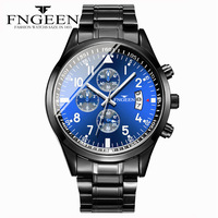 FNGEEN 5410 Dropshipping Blaue Herren Quarzuhr mit Echtlederarmband, Wasserdicht, Kalender, Geringe Mindestbestellmenge, Business-Uhrenset