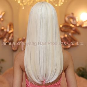 Perruque en fibre chimique pour femme, style célébrité d'Internet, avec frange droite pré-collée de 22 pouces, <span class=keywords><strong>cheveux</strong></span> <span class=keywords><strong>mi</strong></span>-longs, couleur blanc doré, avec queue de <span class=keywords><strong>cheveux</strong></span> - Product Image 4