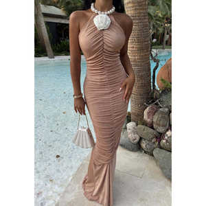 Beige Rose Detail Tie-Up <b>Cocktail</b> <b>Dress</b> - Product Image 4