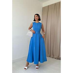 Elegante Vestido de Satén Azul con Cuello Halter y Corte en A para Mujer, Vestido de Noche Modesto con Falda Acampanada y Cintura Natural - Product Image 4