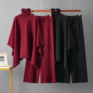 Ensemble élégant pour femmes, pantalon large à col haut, style décontracté d'hiver, ensemble en deux pièces avec châle en tricot - Product Image 2