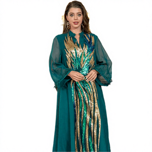 Abaya de Moda con Lentejuelas de Plumas de Avestruz, Cuello en V, Manga Larga, Transpirable, de Poliéster, para Mujeres Musulmanas, Diseño Transfronterizo de Medio Oriente, ODM - Product Image 4